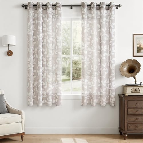 CUTEWIND Vorhänge Wohnzimmer Store Gardinen Transparent Gardinen mit Ösen 160 cm Hoch 140 cm Breit, Gardine Moderne Vorhänge Grau mit Weißen Blätterdrucken Muster für Fenster Schlafzimmer 2er Set