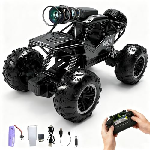 OBEST Coche Teledirigido con FPV HD Cámara, 2,4 GHz Todoterreno Control Remoto Vehículo, Mando Distancia con Pantalla LCD, Foto WiFi Transmisión en Tiempo Real Offroad Truck, 4GB SD Card, 2 Baterías