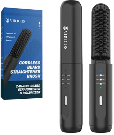 VIKICON Beard Straightener for Men, 2-in-1 Cordless Heated Hair & Beard Straightening Brush, Mini Anti-Scald Electric Comb w/3 Temp Setting, Fast Heating Compact Grooming Tool for Home & Travel, Black