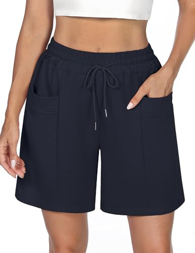Demegimi Women's Sports Shorts with Deep Pockets High Waisted Summer Sweat Shorts for Gym Soft Breathable Running Shorts Ladies Casual Lounge Bottoms Navy Blue