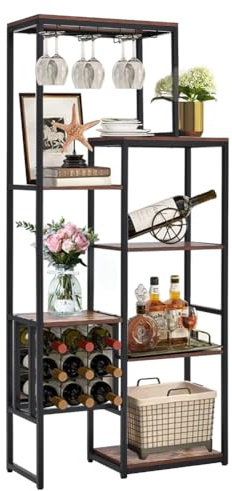 Warmiehomy Industrial Wine Rack Freestanding Floor, 9-Bottle Metal Wine Storage Rack Display Shelves with Glasses Holder, Hold up to 6 Glasses, Floor Standing Bottle Holder Stand, 80x30x175CM, Brown