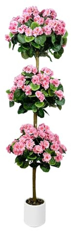 Garvee Árbol de geranio artificial, planta sintética de 150 cm de alto con diseño de tres bolas en maceta decorativa, flores de seda realistas, resistente a los rayos UV, bajo mantenimiento, para el