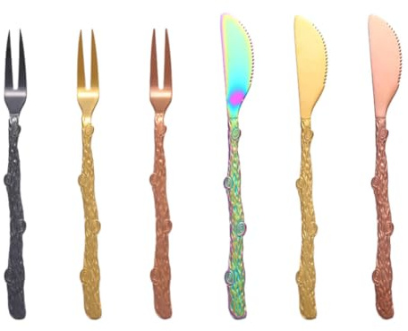 SILENRADAWN 6pezzi Forchette e Coltelli da Dessert in Acciaio Inossidabile Colorati Forchettine Due Denti per Frutta e Dolci Resistenti e Antiruggine per Feste Bar Ristoranti e Colore Casuale