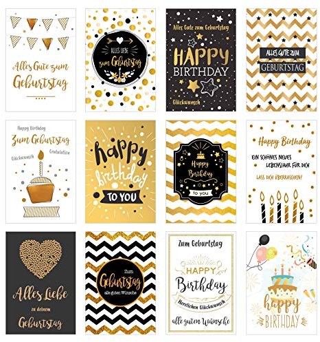 Edition Seidel Set 12 exklusive Premium Geburtstagskarten mit feiner Goldprägung und Umschlag. Glückwunschkarte Grusskarte Geburtstag Geburtstagskarte Mann Frau Karten Happy Birthday Billet Sprüche