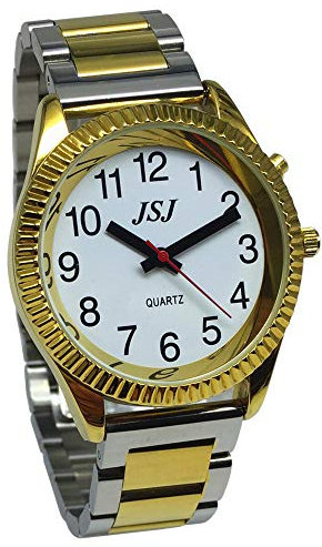 VISIONU Montre Parlante Analogique avec Alarme Annonce de l'heure et Date en Français pour Aveugle et Les Personnes Malvoyant, Couleur Dorée,Bracelet Deux Tons en Acier Inoxydable TUF-G205