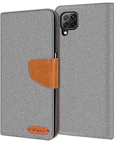 Verco Coque pour P40 Lite, Étui Portefeuille Compatible avec Huawei P40 Lite Case Textures de Fibre Housse de Protection, Gris