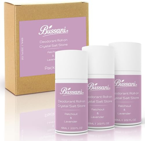 Bussani Lot de 3 déodorants naturels 90 ml Lavande Patchouli – Déodorant roll-on Crystal Stone pour femme, protège sans alcool, parabènes ou aluminium – Sans taches et sans cruauté envers les animaux