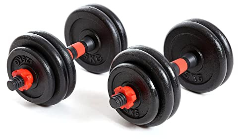 Enjoy Fit Kurzhanteln 2er Set Gusseisen 15kg / 20kg / 25kg – Hantelstange, Gewichte und Sternverschlüsse gerändelt 25mm schwarz rot