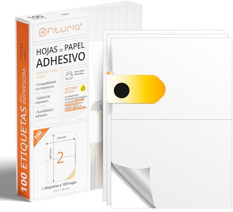 OFITURIA - Vit självhäftande etikett (A4) Klistermärke för utskrift Pack 100 Folios med permanent självhäftande papper och enkel start (100 ark, A5)