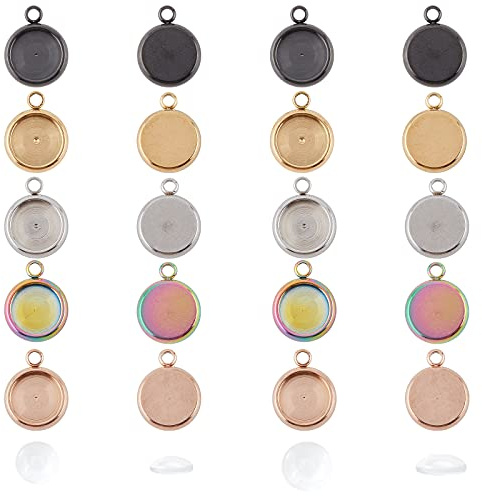 UNICRAFTALE 30 Sets 5 Farben Klein Tablett Edelstahl Cabochon Anhänger Ohrring Lünette Verbindung Anhänger Mit Cabochon 8mm Armband Lünette Cabochon Rohlinge Charm Für Die Schmuckherstellung