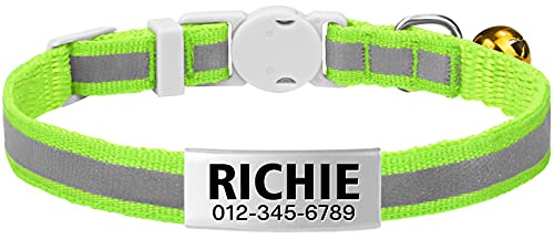 TagME Reflektierend Katzenhalsband mit Glöckchen und Sicherheitsverschluss, Personalisiert ID Namen, Verstellbar Halsband Katze Kitten, 1 STÜCK, Grün