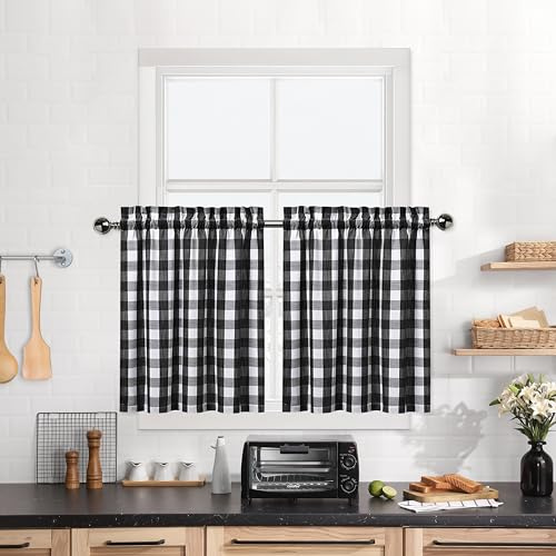 Bapawfish Buffalo Plaid Gingham Half Window Cafe Tier Curtains, Farmhouse Plaid Layers Curtain for Kitchen Bathroom Living Room Window, 28 x 36 inches, Black/White, Set of 2
