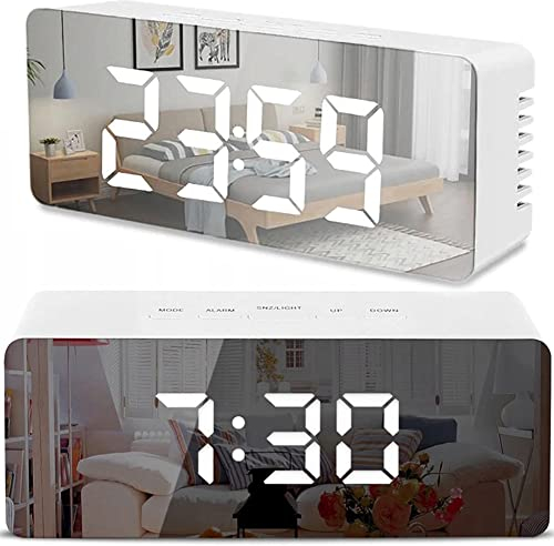Retoo Sveglia digitale a LED portatile con specchio e luminosità regolabile, sveglia da viaggio con doppio allarme e indicatore di temperatura, orologio da tavolo ricaricabile USB