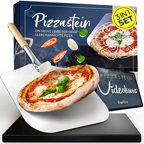 ESPREVO® Pizza Stone for Oven, Grill & Gas Grill, Set of 3 with Pizza Peel & Video Course for Italian Pizza Enjoyment, Black Made of Glazed Cordierite