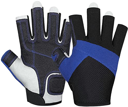 ChinFun Sailing Gloves 3/4 Finger Padded Palm Mesh Back for Comfort for Kayaking Fishing Paddling Canoeing Rowing Boaters Workout Gloves for Men Women Youth Kids Blue XL