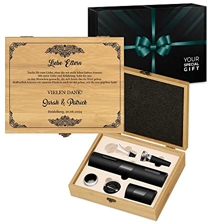 Maverton 6er Weinset in Geschenkbox mit Aufdruck - Flaschenöffner Set - elektrischer Weinöffner - Weinzubehör für Paare - Wein Dekantierset zur Hochzeit zum Hochzeitstag - Danksagung