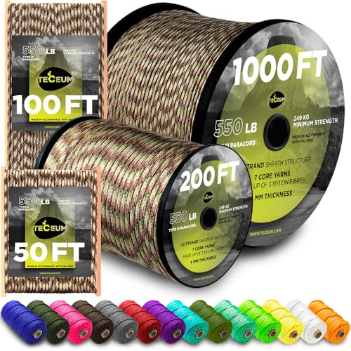 TECEUM Paracord Rope Type III 550 – Tactical MIL-SPEC – Outdoor Para Cord | Camo, 30m, Clothesline, Camping Fishing Gear and Equipment, DIY, Parachute Cord 4mm, Strong Survival Utility Rope