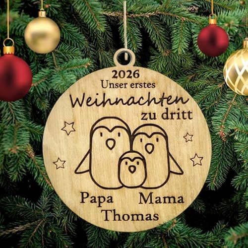 Personalisierte Unser Erstes Weihnachten zu dritt mit Namen, Pinguine Christbaumschmuck mit Namen Weihnachtsdeko aus Holz Weihnachtsbaum Deko Weihnachtsdekoration Ornament Weihnachtsbaumschmuck