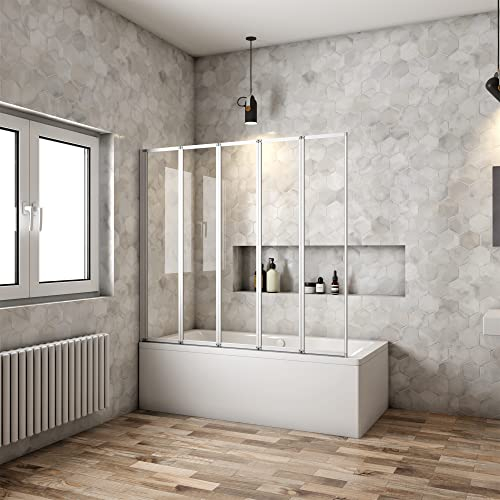 Mampara Ducha para Bañera - 5 Hojas Plegables - Vidrio Templado 4mm - Perfil Blanco/Gris Mate - (1193-1203) X1400mm