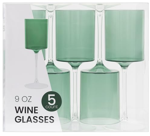 PLASTICPRO 10 Pack Plastic Wine Goblets 9 oz Two Tone Elegant Disposable Wine Glasses with Stem Reusable Hard Plastic Drinking Glasses for Parties Weddings, Green and Clear