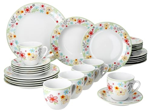 MamboCat Variant Blümchen Service de Table 30 Pièces en Porcelaine pour 6 Personnes - 6 Tasses à Café 200 ml, Soucoupes, Assiettes à Gâteau, Creuses et Plates avec Bord Floral