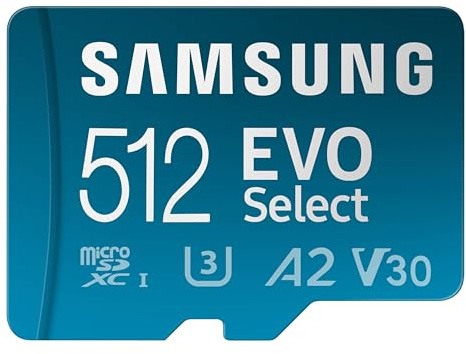 Samsung EVO Select microSDMemory Card + Adapter, 512GB microSDXC, Up-to 160 MB/s, 4K UHD, UHS-I, C10, U3, V30, A2, for Mobile Phone, Smartphones, Nintendo-Switch, and Tablets (MB-ME512SA/AM)