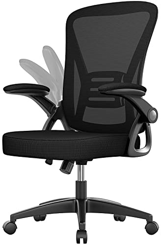 naspaluro Silla de Oficina, Silla de Escritorio Ergonómica con Reposabrazos Abatible de 90°, Altura Ajustable, Silla Giratoria de 360° con Respaldo Transpirable y Soporte Lumbar, Negro Oscuro