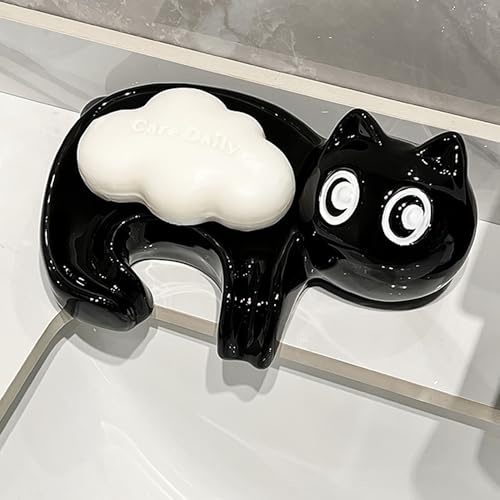 MZSX Keramik-Seifenschale mit Katzenmotiv, selbstentleerender Seifenhalter für Dusche, Badezimmer, Küche, Waschbecken, Keramik-Tablett, selbstentleerender Seifenhalter, niedliche Seifenschalen