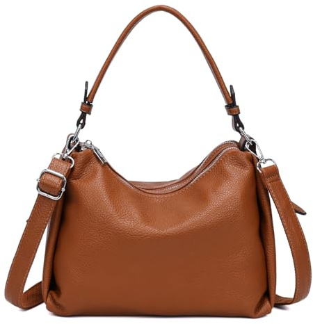 OBC Damen Tasche Shopper Handtasche Hobo Bag Schultertasche Cross Over Umhängetasche Beuteltasche Henkeltasche Leder Optik Cognac