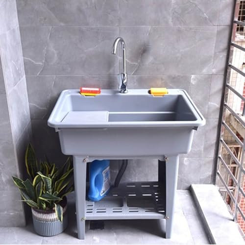 Freestanding Laundry Sink With Washboard,plastic Laundry Pool Bathroom Cleaning Basin Slop Vessel Sink With Drain Pipe Kit ， Utility Sink Laundry Tub With Hot and Cold Faucet，for Washing Room Garage