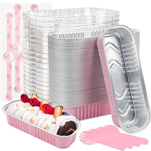 LOKQING Mini Loaf Pans with Lids Rectangle Aluminum Foil Baking Pans Tins Containers for Wedding Birthday Party 6.8oz(Pink, 60Pack)