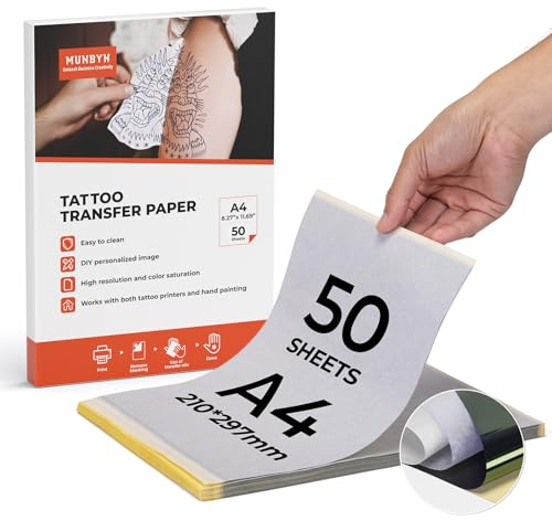 MUNBYN 50 Blatt Tattoo Transferpapier A4 Stencil Papier Tattoo Papier für Tattoo Drucker Tattoo Zubehör für Stencil Drucker | Schablonenpapier 4-lagiges Design für langlebige Schablone, kompatibel mit ITP05 ITP06 M08F P90 MHT-P8009 Tattoo Drucker