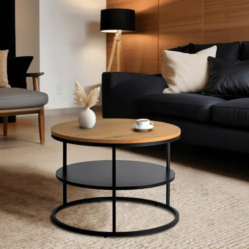 MEBEL ELITE Couchtisch Rund 70 x 49,5 cm – Modern Wohnzimmertisch Holzoptik/Schwarz mit Stauraum – Sofatisch Rund für Wohnzimmer und Büro – Runder Tisch mit pflegeleichter Oberfläche