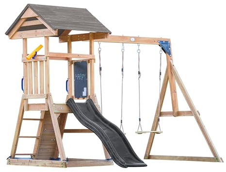 AXI Mia Aire De Jeux en Bois avec 2 Balançoires, Toboggan Gris/Aire De Jeux Extérieur, Bac À Sable, Mur d'escalade | Portique Balançoire/Jeux en Bois Extérieur