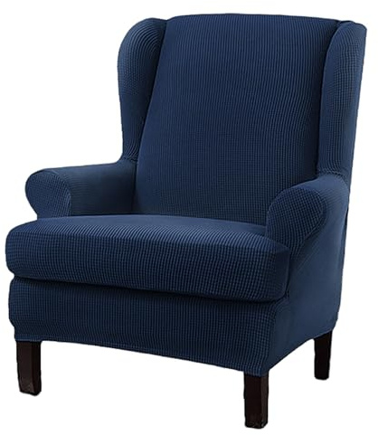 WYLEBER Stretch Wing Chair Slipcover,Solid Color Wingback Chair Covers with T Cushion Cover,Removable Washable Armchair Furniture Protector for Living Room Bedroom(Navy Blue)