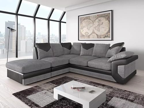 Jumbo Cord Sofa Set | Grey Cord Black Leather Trim | Right Hand Facing Corner Living Room Suite (Left Hand Facing Corner)