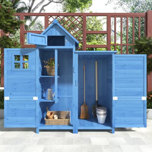 LANTRO JS Gartenhaus Holz Kleinschuppen mit 2 Werkzeugwannen und 2 Türen Aufbewahrungsschrank Gartengerätehaus mit Lüftungsfenstern,Blau