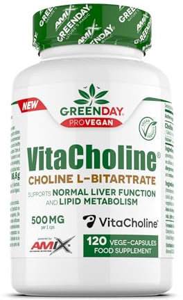 GreenDay® ProVegan Choline Bitartrate – 120 Cápsulas con VitaCholine® – Apoyo al Hígado, Metabolismo de Lípidos y Homocisteína – Suplemento Vegano con 500 mg de Colina por Cápsula
