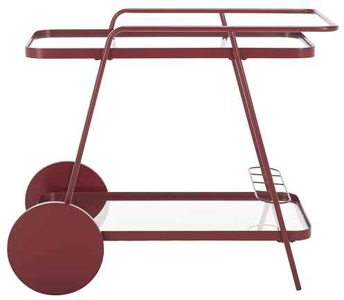 SAFAVIEH Home Collection Zunia Brick Red & Clear Glass 2-Tier Kitchen Dining Bar Cart Trolly with Wheels