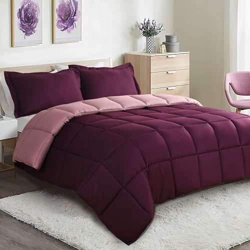 HIG 2 Pieces Plum Reversible Coverless Duvet 10.5 Tog - Single | 135 x 200cm - OEKO-TEX Certified - Duvet with Corner Tabs Down Alternative Comforter with 1 Sham - Machine Washable
