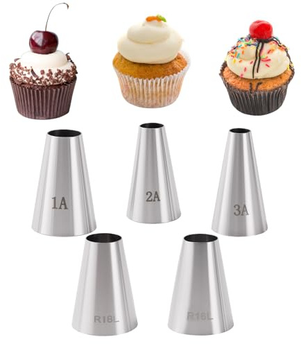 5PCS Large Round Piping Nozzles Set 1A/2A/3A/R16/R18 Stainless Steel Icing Frosting Tips Piping Round Opening Pastry Tips Decoration Tool for Dessert Cupcakes Cookies Baking Cake