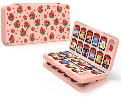JEMDO Switch 2 Game Card Case Compatible with Nintendo Switch 2/2017/OLED, Portable Travel Hard Shell Storage Box with 48 Game & 24 Micro SD Card Slots, Cute Strawberry Design, Pink