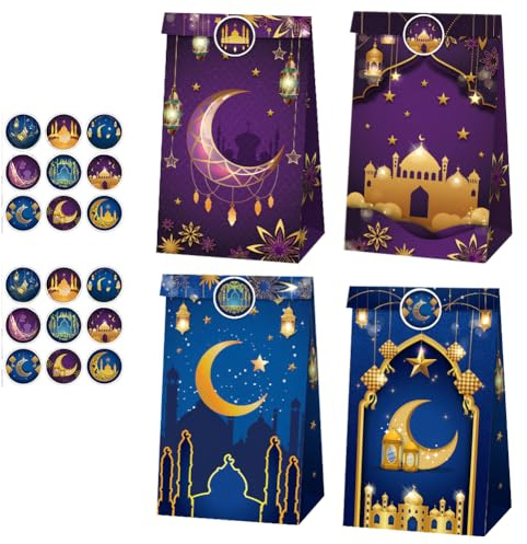 12 Stück Eid Mubarak Geschenktüten mit Etikettenaufklebern, Eid mubarak geschenktüten für Eid Home Tischdekorationen,Islamische Mond & Laternen Design