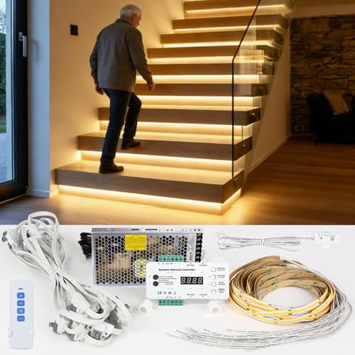 XLSBZ LED-Treppenstufenbeleuchtung mit Bewegungsmelder & Tageslichtsensor,100cm Zuschneidbarer LED-Lichtstreifen für Innentreppen16 Stufen Treppenlicht