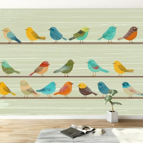 Carta da parati panoramica animali uccelli strisce, Poster murale 200L x 140A cm carta da parati decorativa arte cartoon per soggiorno camera da letto cameretta dei bambini ristorante