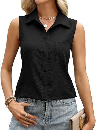 DATAMOUNT Womens Sleeveless Button Down Shirts Dressy Casual Summer Blouses V Neck Cotton Linen Professional Clothes(Black,S)
