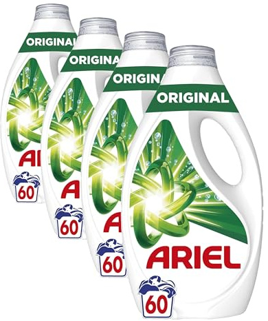 Ariel Detergente Lavadora Liquido 60 Lavados, Original, Jabon Limpieza Mejorada en Ciclos Mas Frios con la Exclusiva Tecnologia de limpieza en Frio (Paquete de 4)