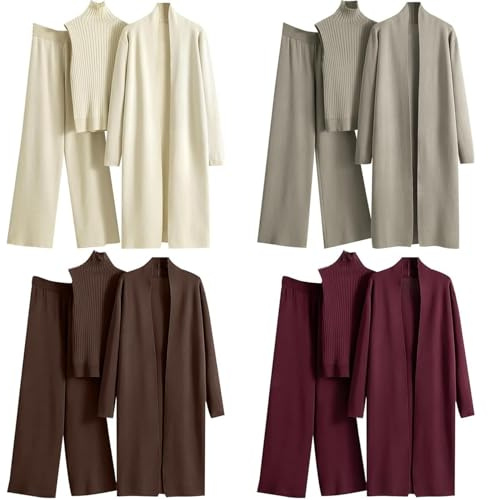 Generico 3 pezzi da donna in maglia lounge abiti lunghi cardigan senza maniche dolcevita canotta e pantaloni a gamba larga elegante ufficio lavoro coordinato set per le signore (J)