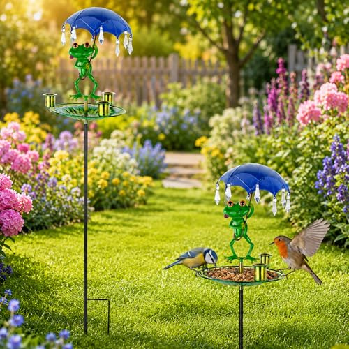 Metall Vogel Futterhaus mit Frosch-Dekor – Vogelfutterstation mit Ständer & Erdspieß, freistehender Vogelfutterspender für Garten & Terrasse – Wetterfeste Vogel Futterstelle für Wildvögel(Frosch)