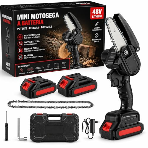 Motosega a Batteria 8 Pollici - Kit Completo con Accessori, Valigetta e Doppia Batteria 48V/88V per LUNGA DURATA - Nera&Rossa - Lama RESISTENTE in Acciaio SK5 - Design Ergonomico